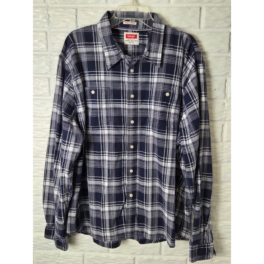 Wrangler long sleeved shirt Button up Men's size 3X Navy Blue White Plaid